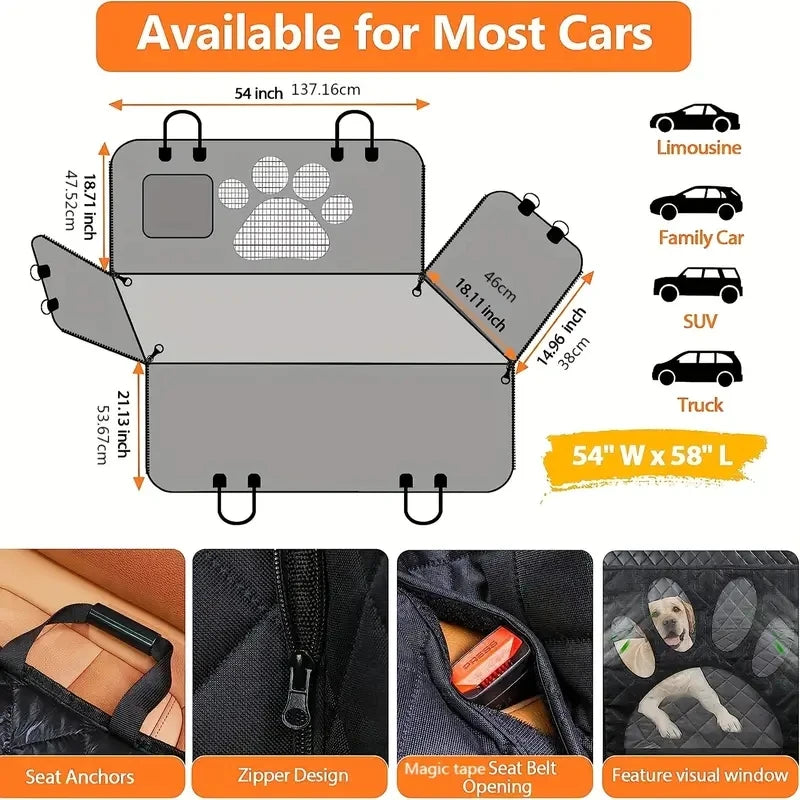 Waterproof Dog Car Hammock Seat Cover with Mesh Window & Side Zipper