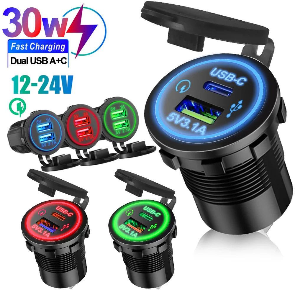 Waterproof USB Type-C Motorcycle Car Charger