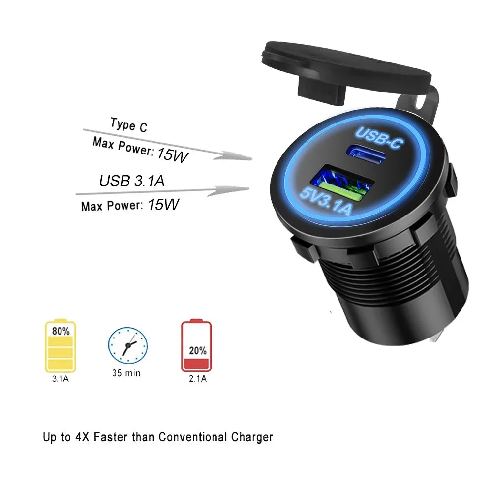 Waterproof USB Type-C Motorcycle Car Charger
