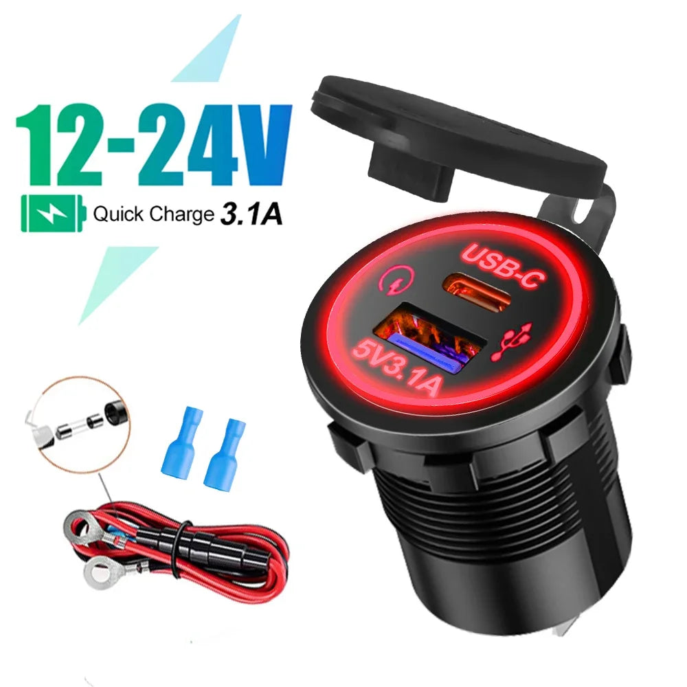 Waterproof USB Type-C Motorcycle Car Charger