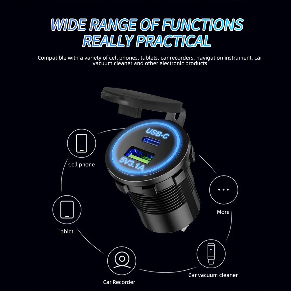 Waterproof USB Type-C Motorcycle Car Charger