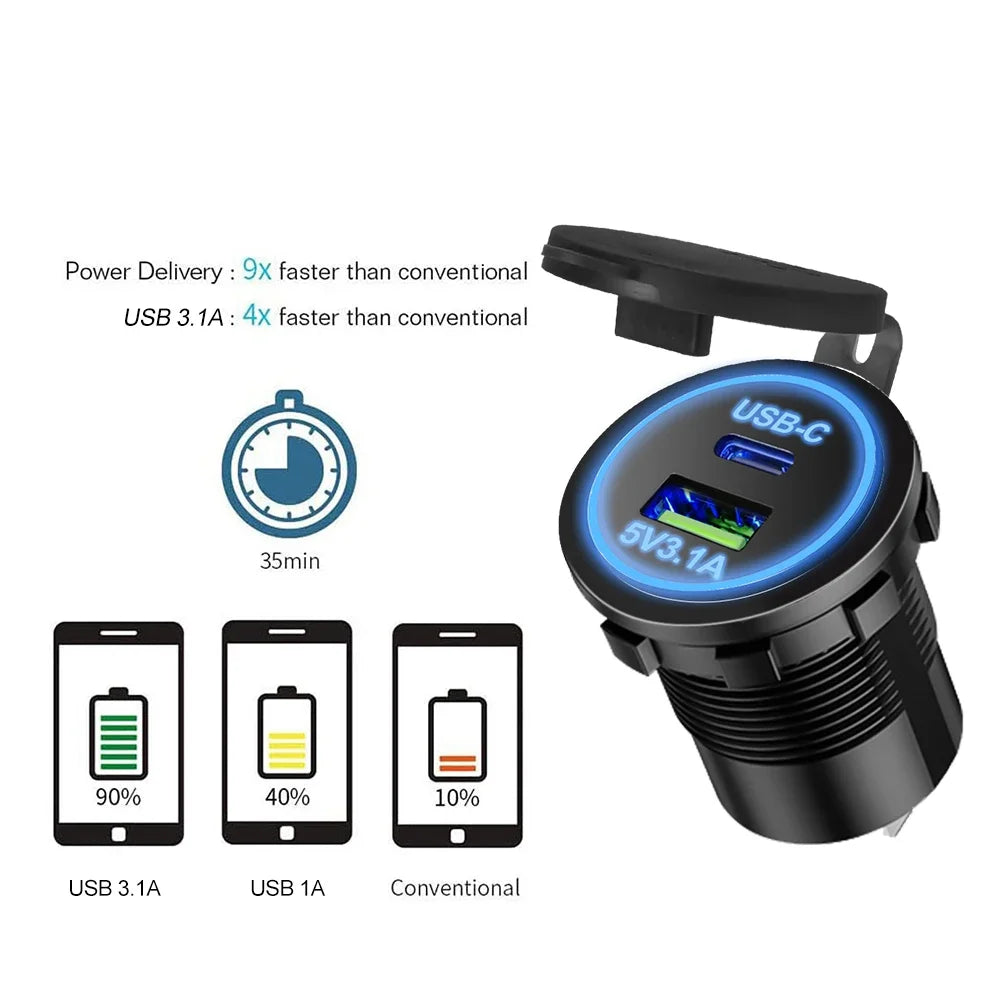 Waterproof USB Type-C Motorcycle Car Charger