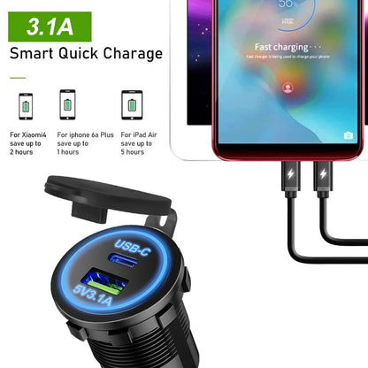 Waterproof USB Type-C Motorcycle Car Charger