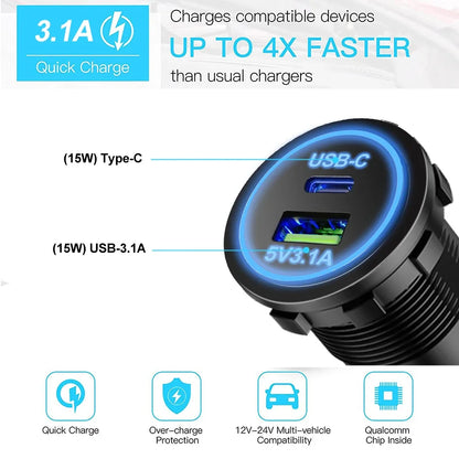 Waterproof USB Type-C Motorcycle Car Charger