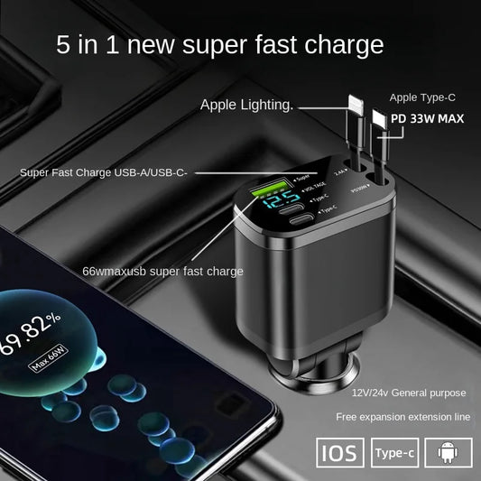 5-in-1 Retractable Fast Car Charger 100W PD